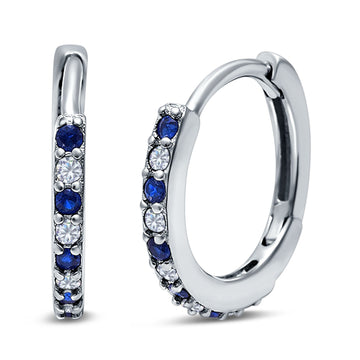 Half Eternity Hoop Earrings Round Simulated Blue Sapphire Cubic Zirconia 925 Sterling Silver (16mm)